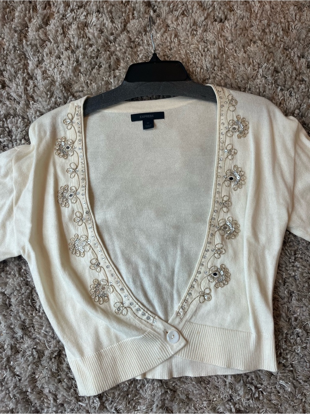 Express Cream Beaded V-Neck Cropped Cardigan